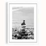 Coastal Wall Art - Black and White Stacked Stones Beach-Themed Print