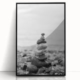 Coastal Wall Art - Black and White Stacked Stones Beach-Themed Print