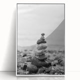 Coastal Wall Art - Black and White Stacked Stones Beach-Themed Print