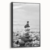 Coastal Wall Art - Black and White Stacked Stones Beach-Themed Print