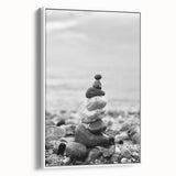 Coastal Wall Art - Black and White Stacked Stones Beach-Themed Print
