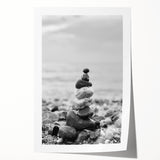 Coastal Wall Art - Black and White Stacked Stones Beach-Themed Print
