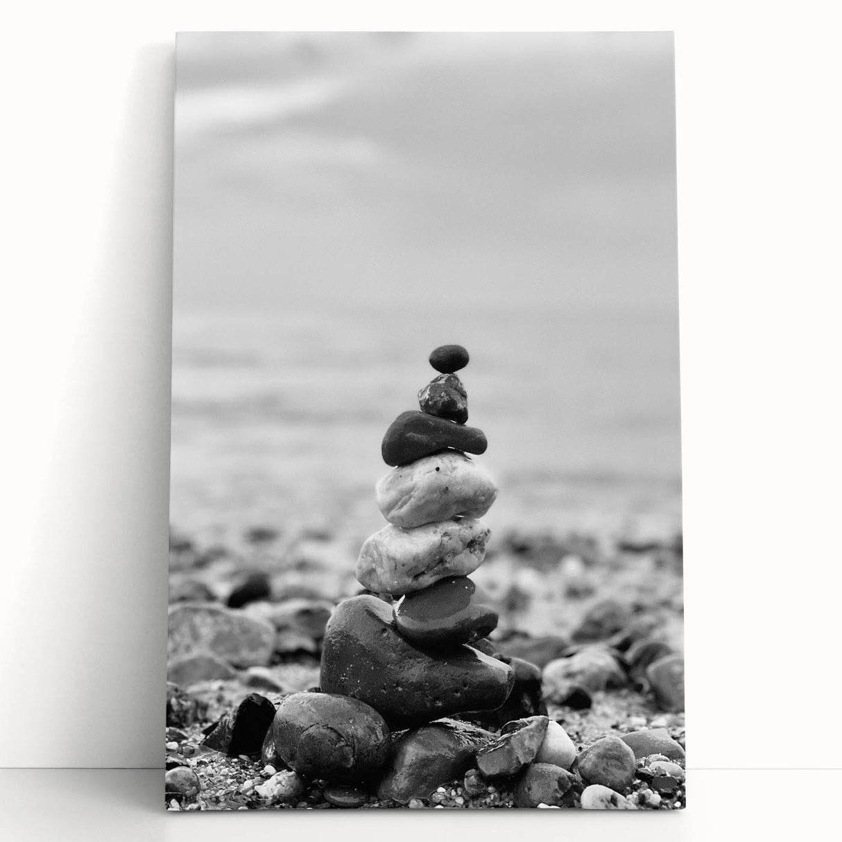 Coastal Wall Art - Black and White Stacked Stones Beach-Themed Print