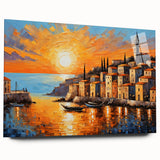 Sunset Coastal Town Wall Art – Vibrant Mediterranean Seaside Print