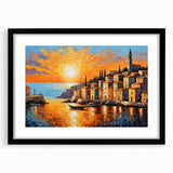 Sunset Coastal Town Wall Art – Vibrant Mediterranean Seaside Print