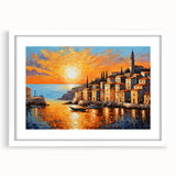 Sunset Coastal Town Wall Art – Vibrant Mediterranean Seaside Print
