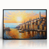 Sunset Coastal Town Wall Art – Vibrant Mediterranean Seaside Print