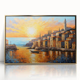 Sunset Coastal Town Wall Art – Vibrant Mediterranean Seaside Print