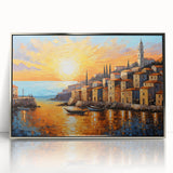 Sunset Coastal Town Wall Art – Vibrant Mediterranean Seaside Print