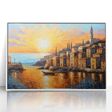 Sunset Coastal Town Wall Art – Vibrant Mediterranean Seaside Print