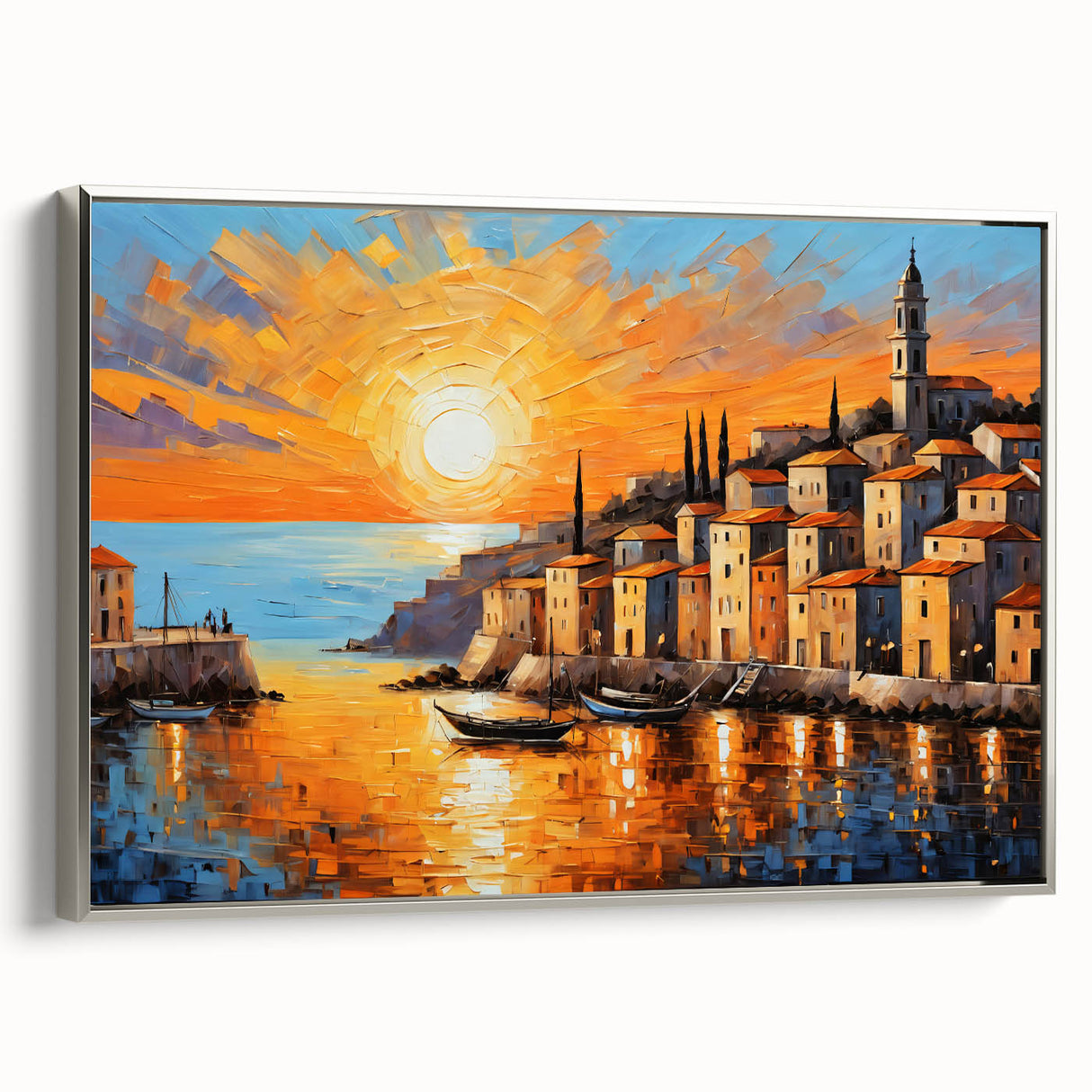 Sunset Coastal Town Wall Art – Vibrant Mediterranean Seaside Print