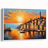 Sunset Coastal Town Wall Art – Vibrant Mediterranean Seaside Print
