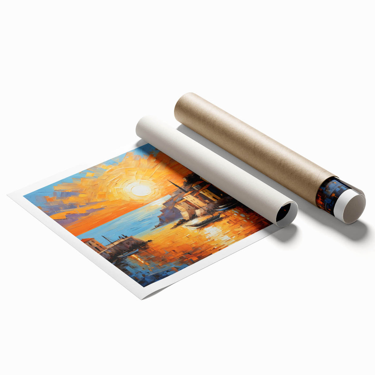 Sunset Coastal Town Wall Art – Vibrant Mediterranean Seaside Print