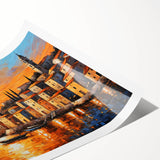 Sunset Coastal Town Wall Art – Vibrant Mediterranean Seaside Print