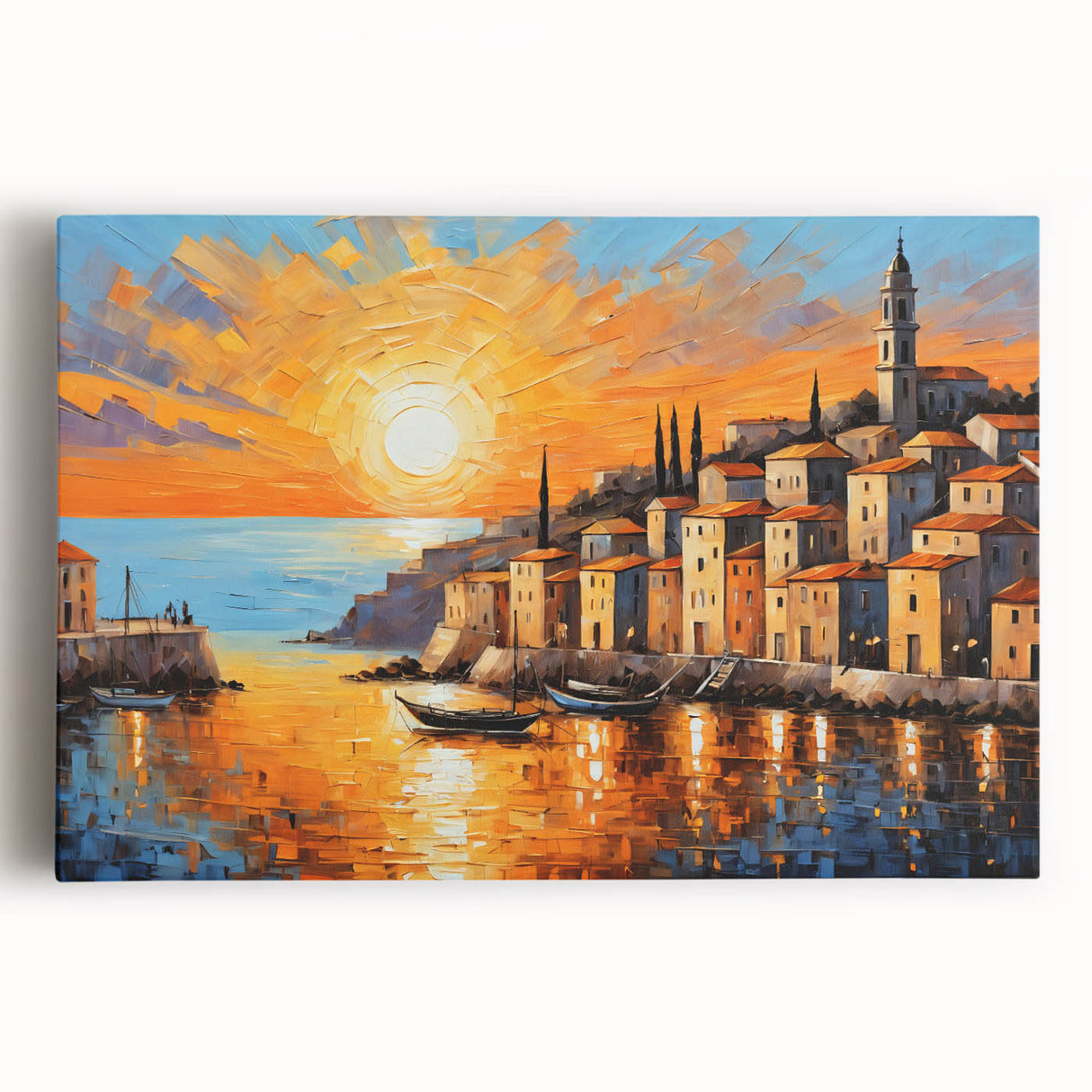 Sunset Coastal Town Wall Art – Vibrant Mediterranean Seaside Print