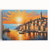 Sunset Coastal Town Wall Art – Vibrant Mediterranean Seaside Print