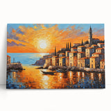 Sunset Coastal Town Wall Art – Vibrant Mediterranean Seaside Print