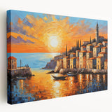 Sunset Coastal Town Wall Art – Vibrant Mediterranean Seaside Print