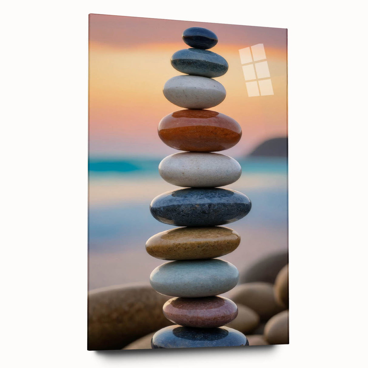 Coastal Wall Art - Colorful Stacked Stones at Sunset Beach-Themed Print