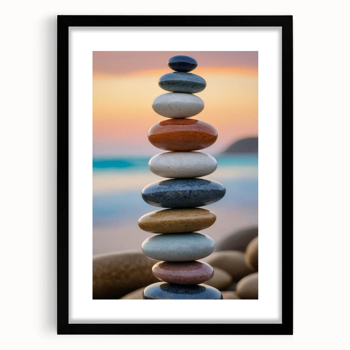 Coastal Wall Art - Colorful Stacked Stones at Sunset Beach-Themed Print