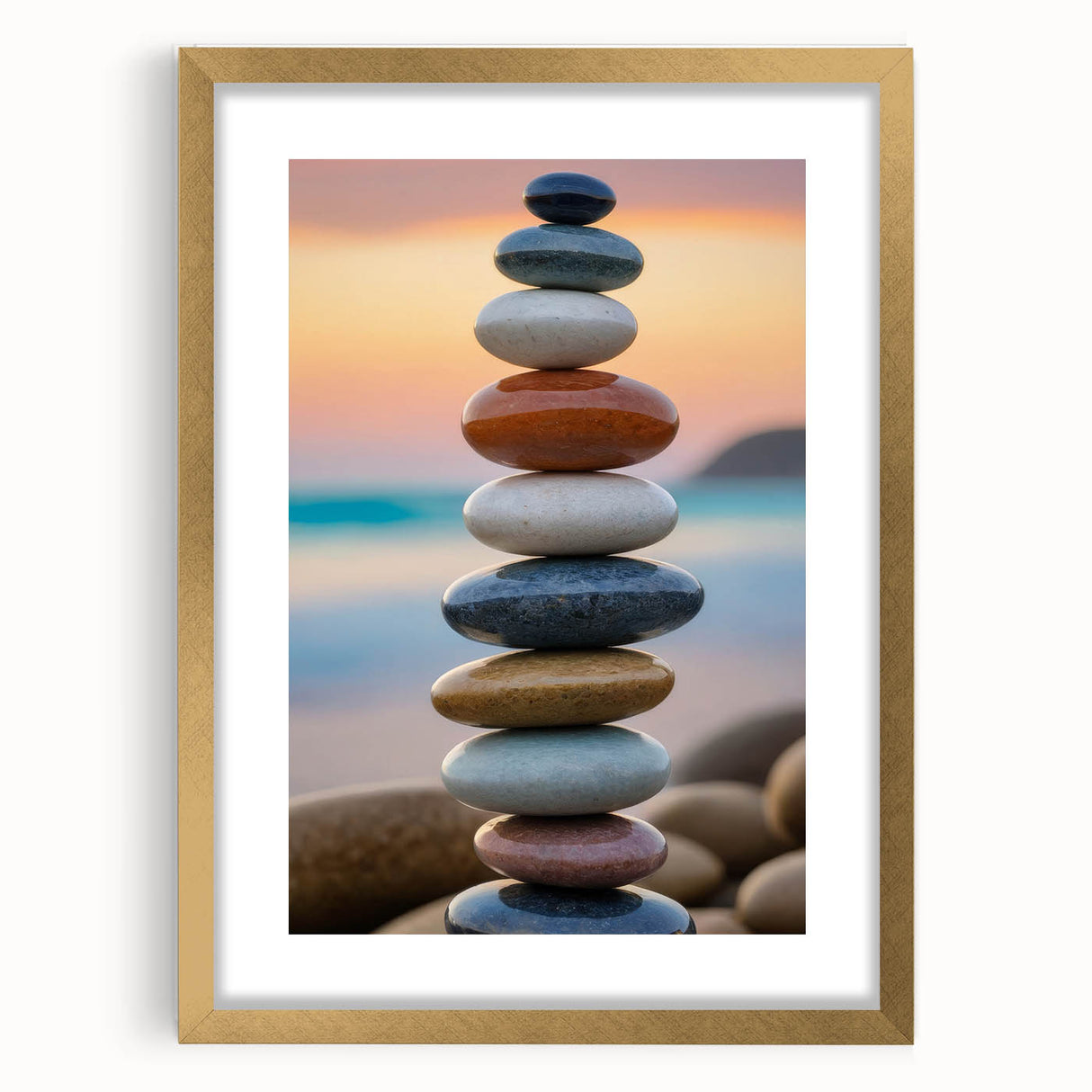 Coastal Wall Art - Colorful Stacked Stones at Sunset Beach-Themed Print