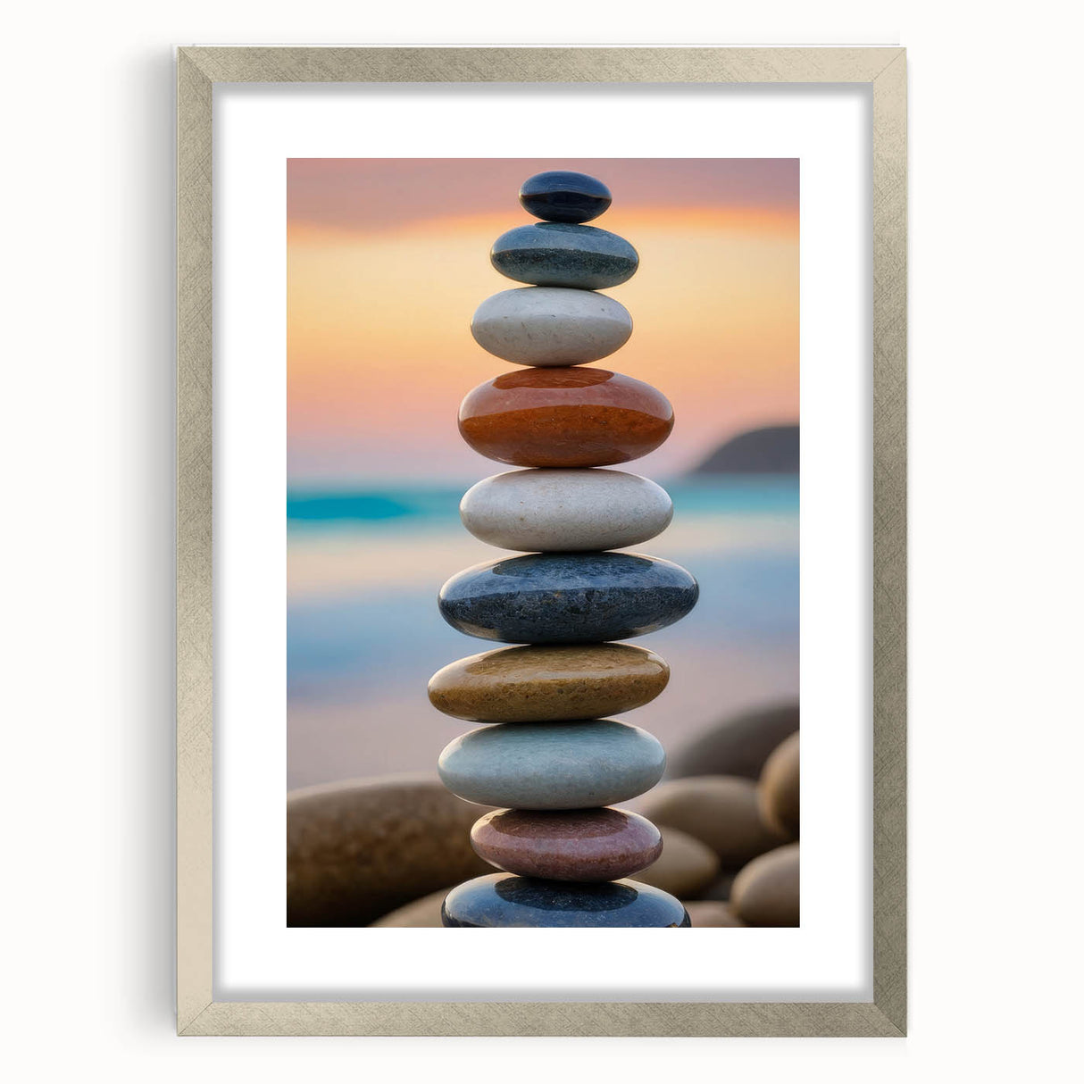 Coastal Wall Art - Colorful Stacked Stones at Sunset Beach-Themed Print