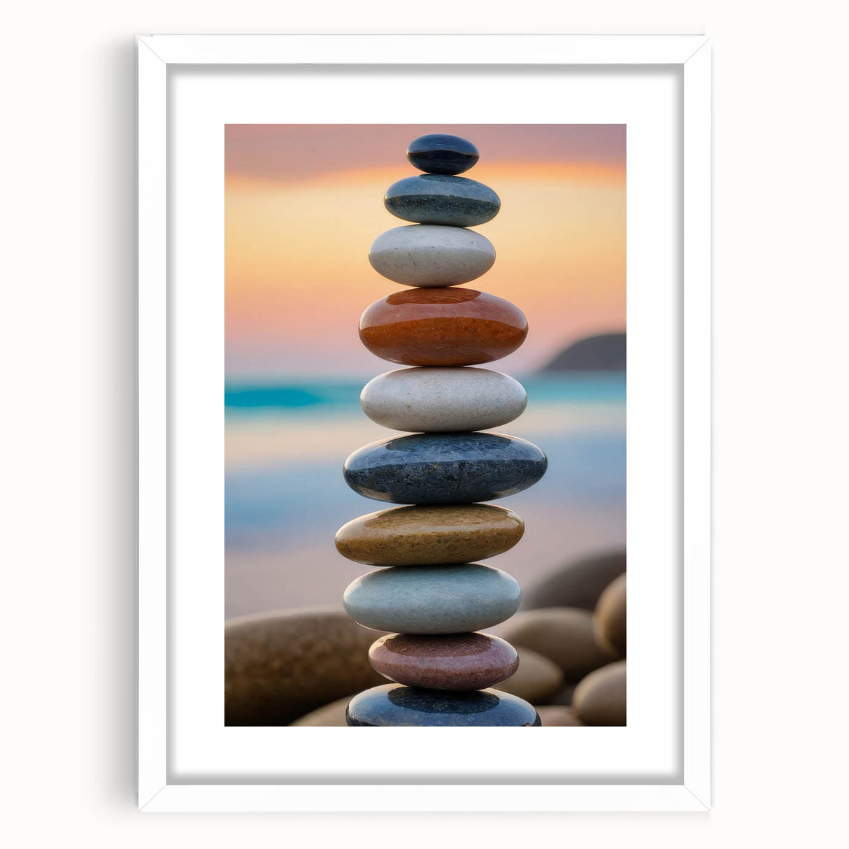Coastal Wall Art - Colorful Stacked Stones at Sunset Beach-Themed Print