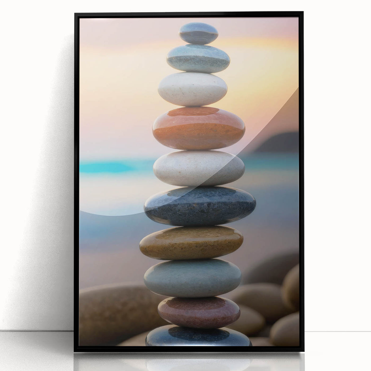 Coastal Wall Art - Colorful Stacked Stones at Sunset Beach-Themed Print