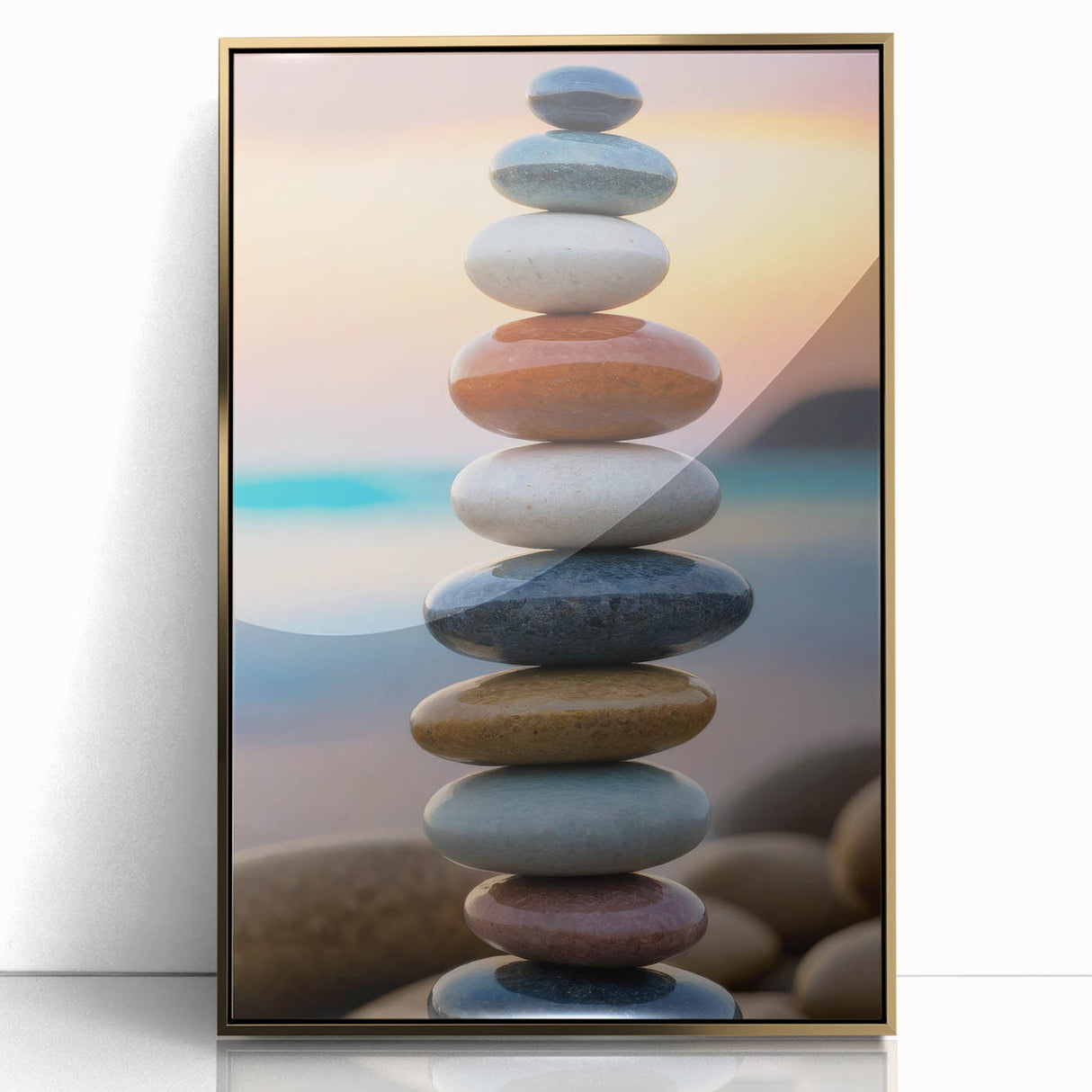 Coastal Wall Art - Colorful Stacked Stones at Sunset Beach-Themed Print