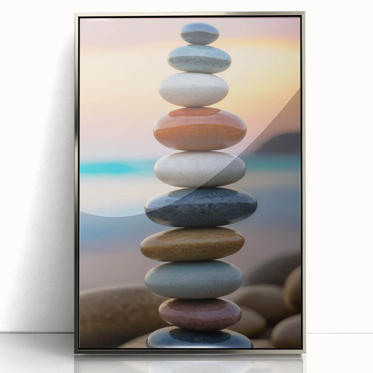 Coastal Wall Art - Colorful Stacked Stones at Sunset Beach-Themed Print