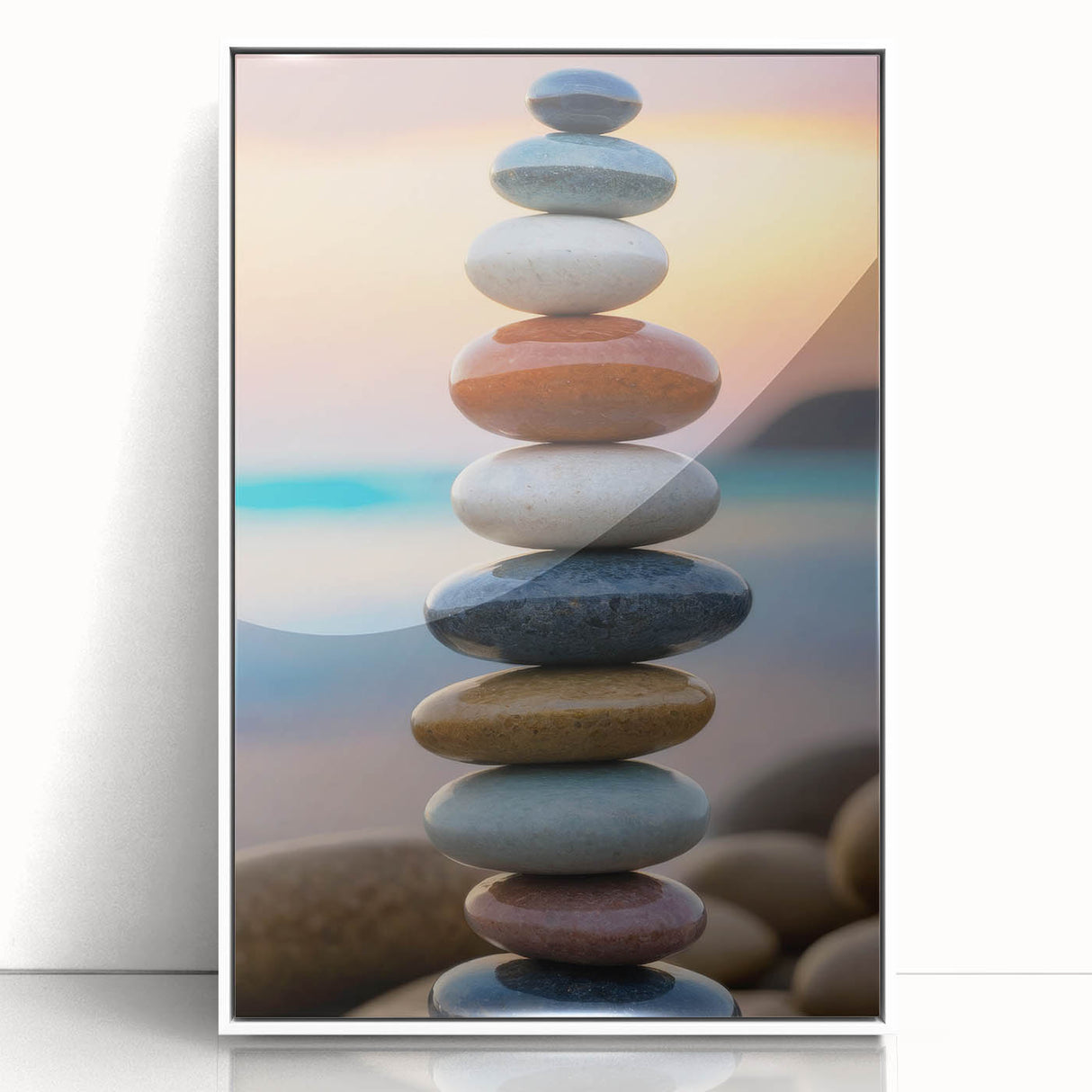 Coastal Wall Art - Colorful Stacked Stones at Sunset Beach-Themed Print