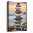 Coastal Wall Art - Colorful Stacked Stones at Sunset Beach-Themed Print