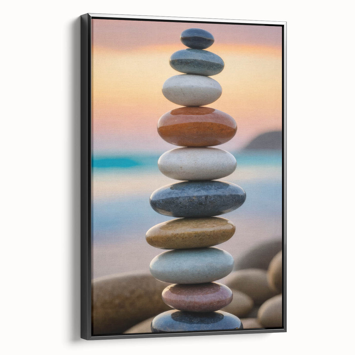Coastal Wall Art - Colorful Stacked Stones at Sunset Beach-Themed Print