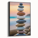 Coastal Wall Art - Colorful Stacked Stones at Sunset Beach-Themed Print