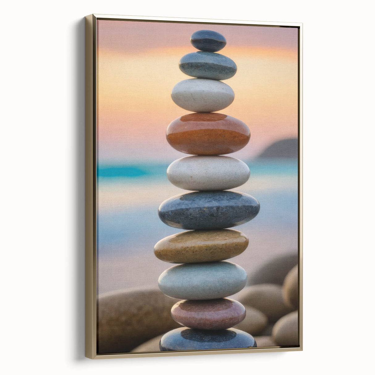 Coastal Wall Art - Colorful Stacked Stones at Sunset Beach-Themed Print
