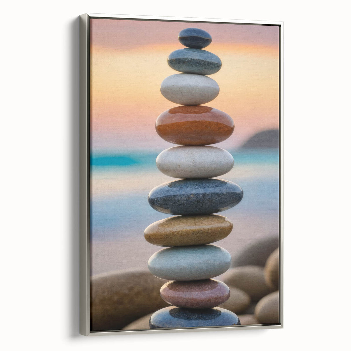 Coastal Wall Art - Colorful Stacked Stones at Sunset Beach-Themed Print