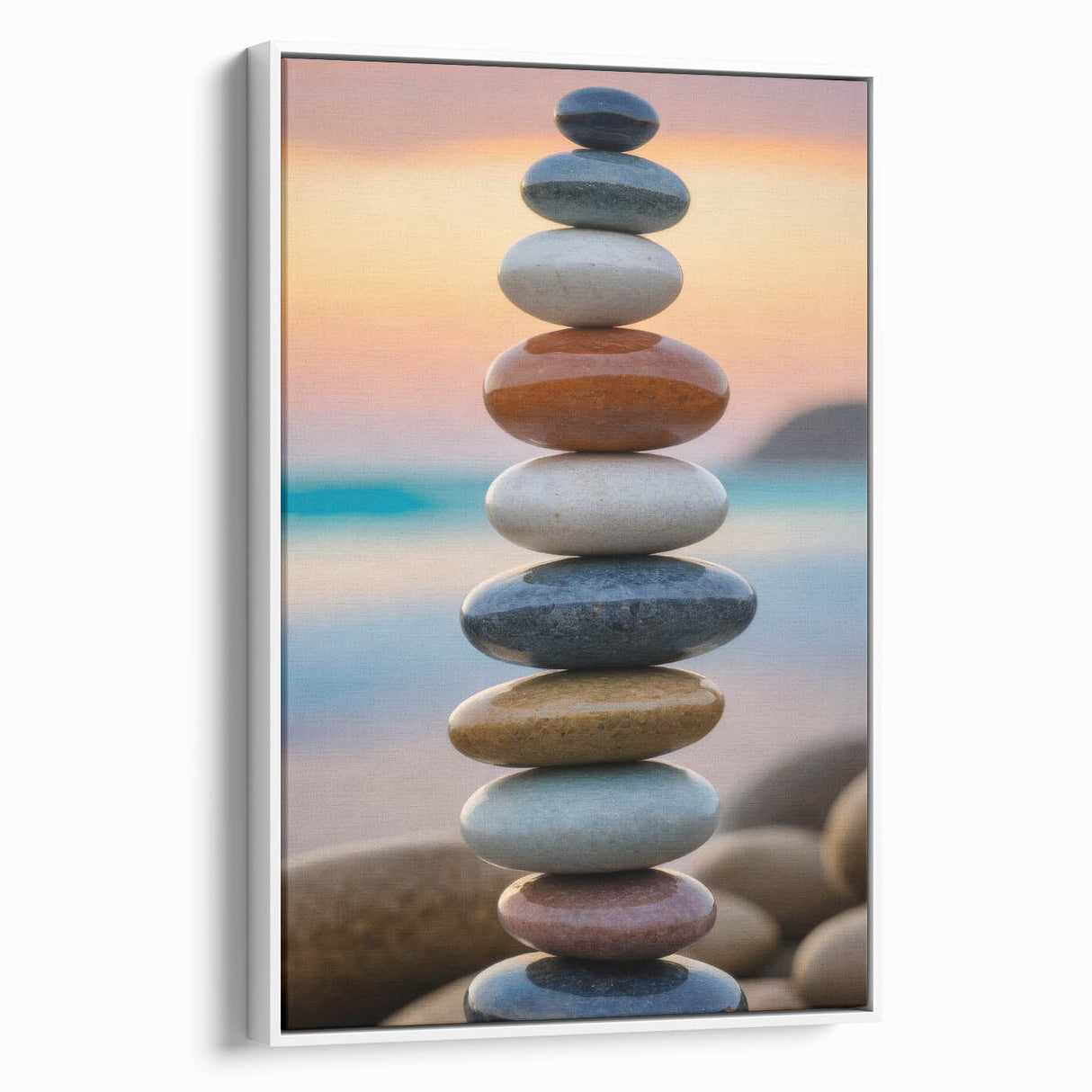 Coastal Wall Art - Colorful Stacked Stones at Sunset Beach-Themed Print