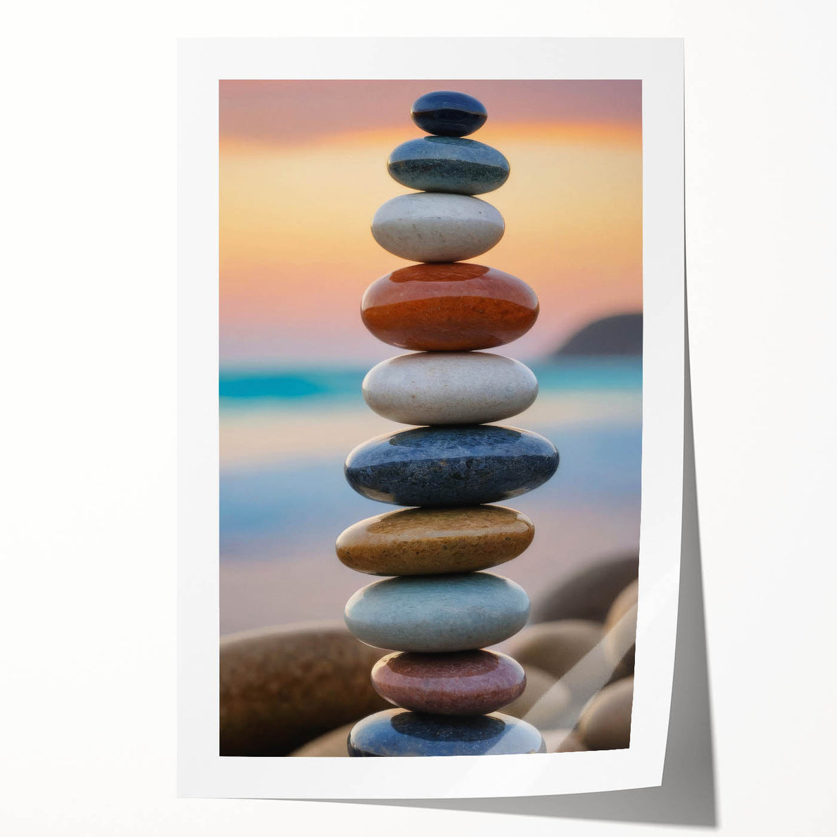 Coastal Wall Art - Colorful Stacked Stones at Sunset Beach-Themed Print