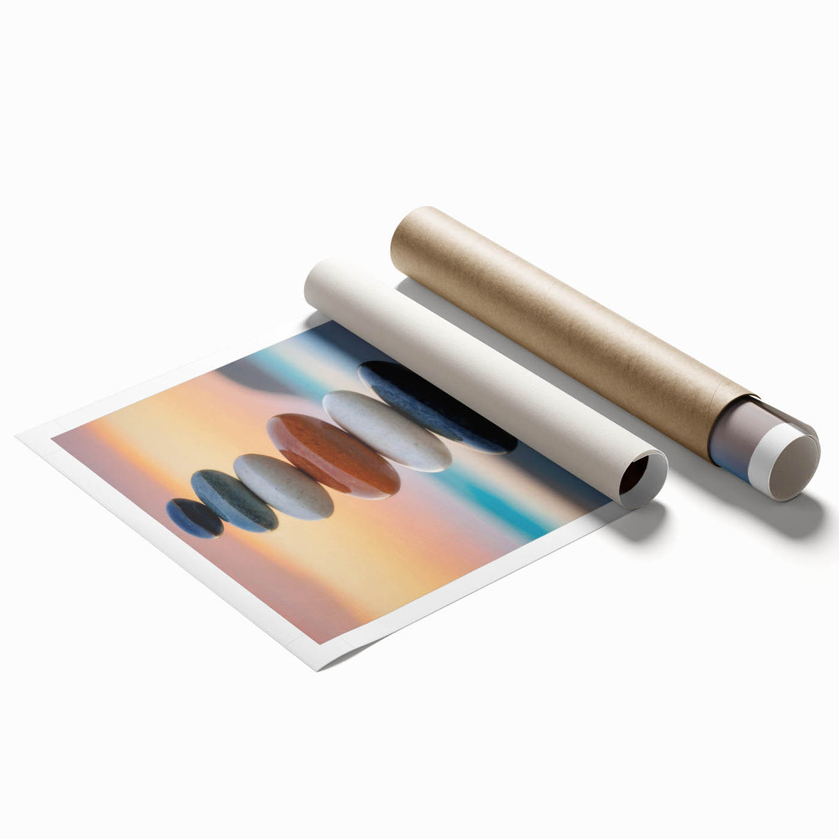 Coastal Wall Art - Colorful Stacked Stones at Sunset Beach-Themed Print