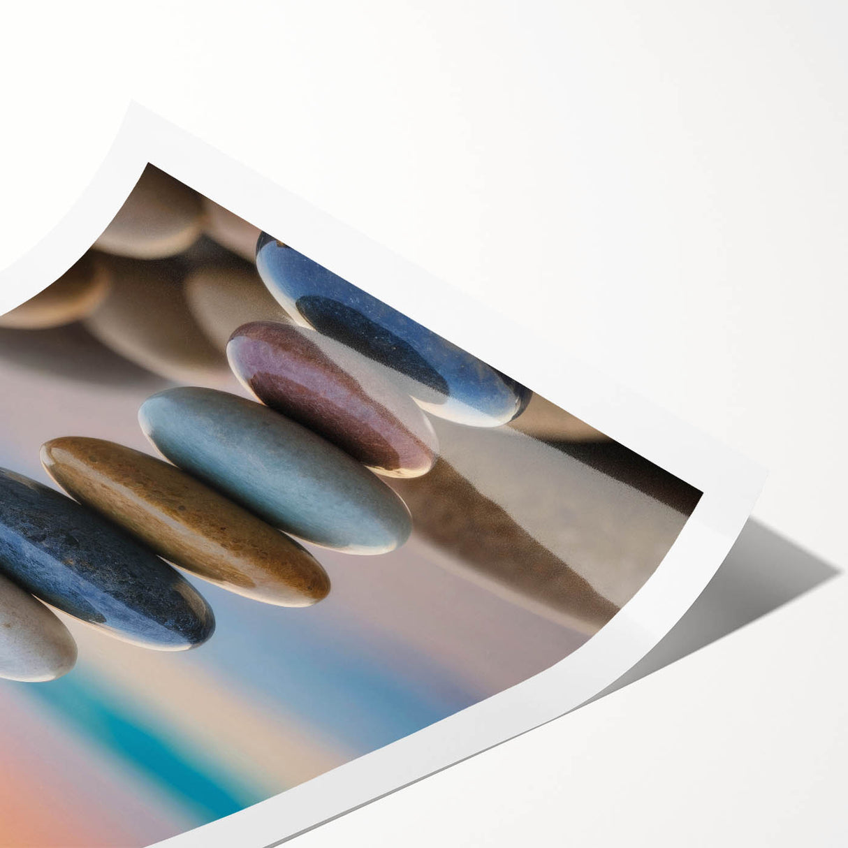 Coastal Wall Art - Colorful Stacked Stones at Sunset Beach-Themed Print