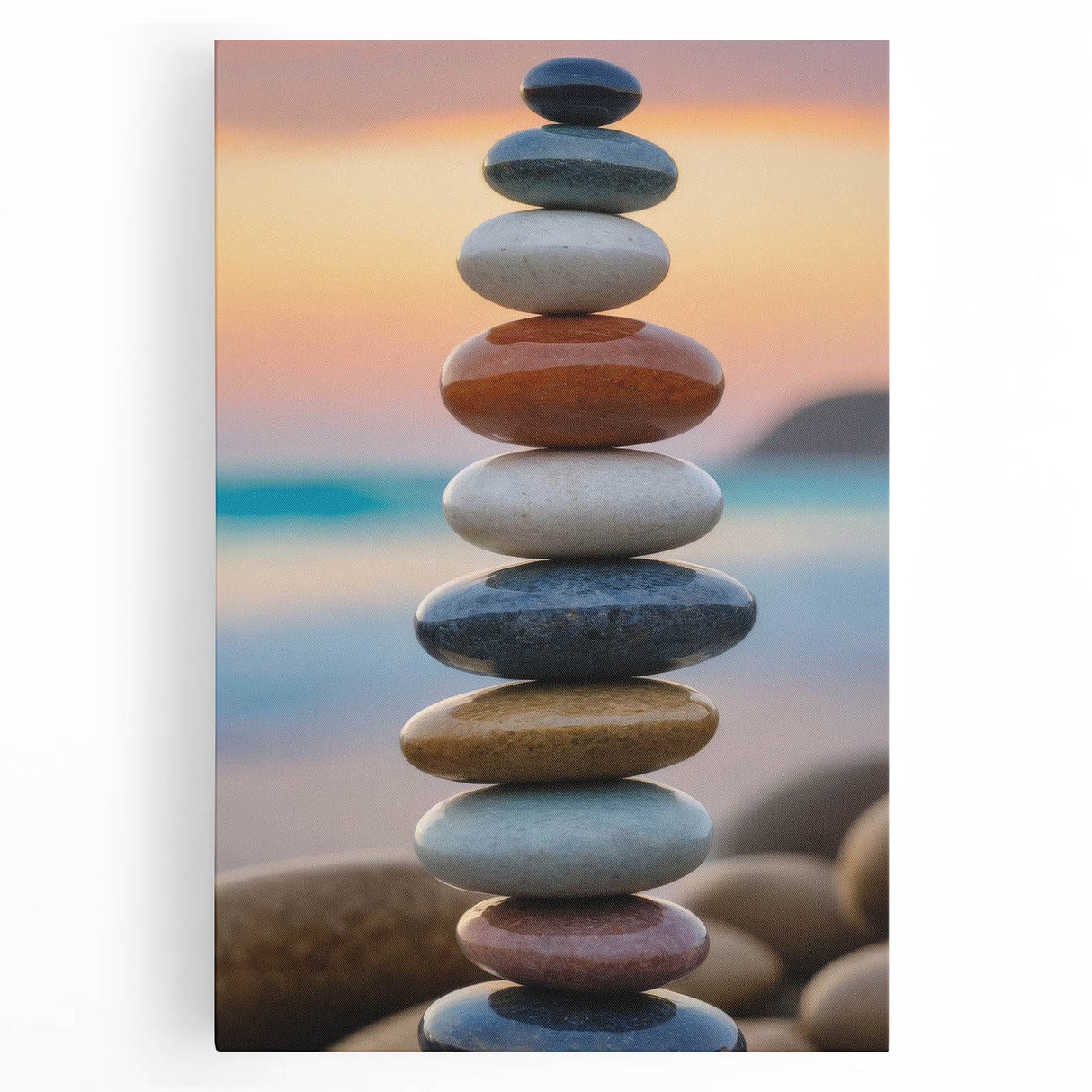 Coastal Wall Art - Colorful Stacked Stones at Sunset Beach-Themed Print