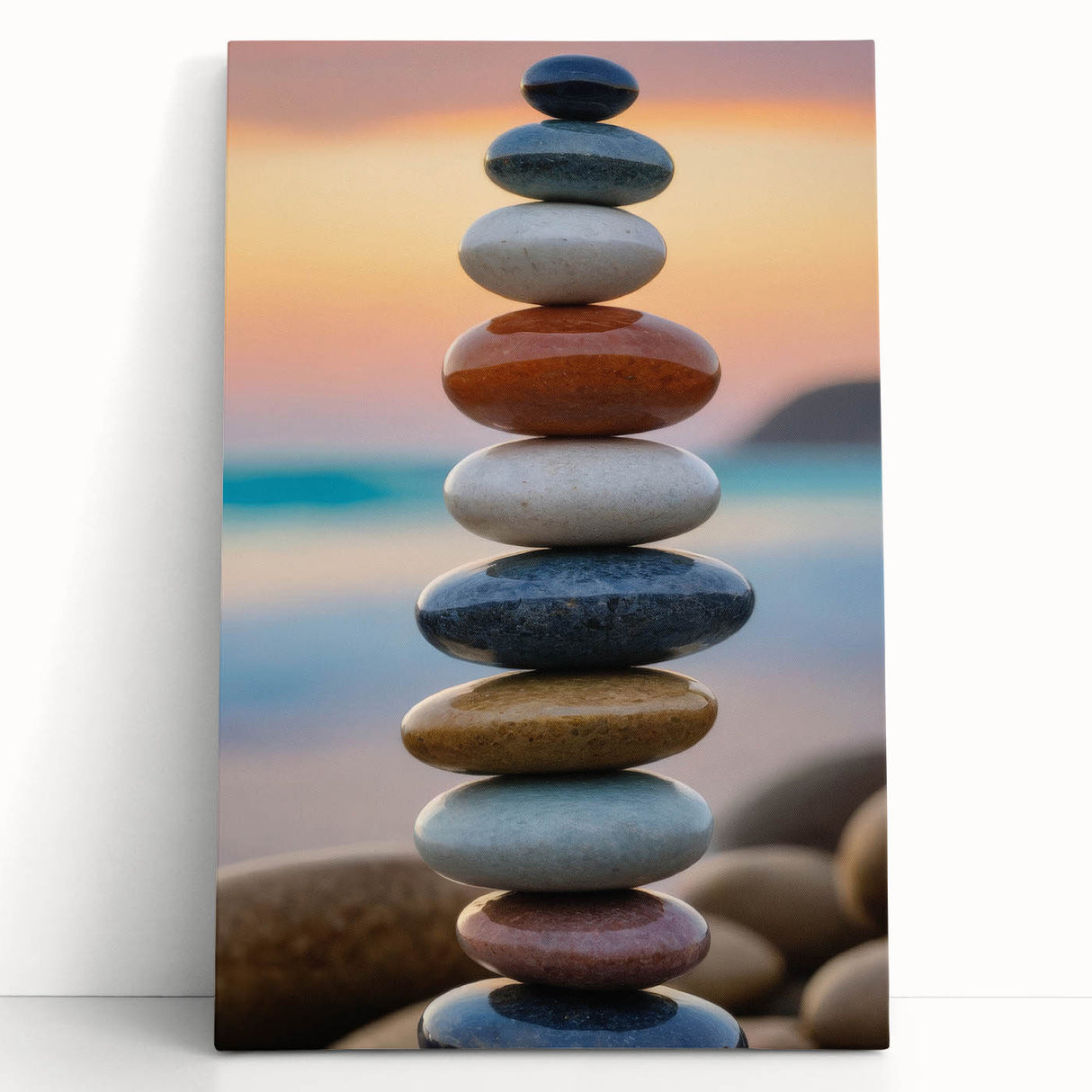 Coastal Wall Art - Colorful Stacked Stones at Sunset Beach-Themed Print