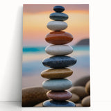 Coastal Wall Art - Colorful Stacked Stones at Sunset Beach-Themed Print