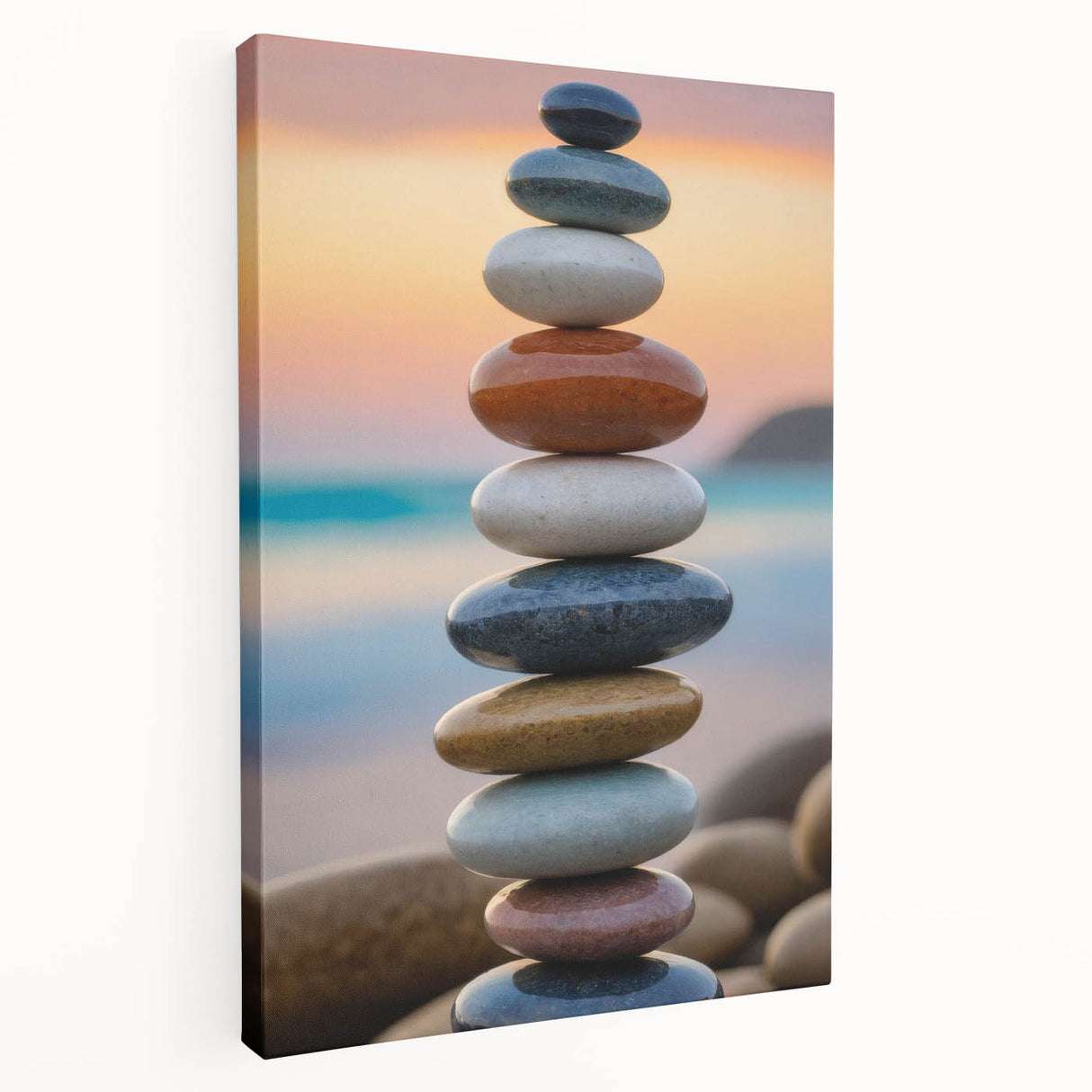 Coastal Wall Art - Colorful Stacked Stones at Sunset Beach-Themed Print