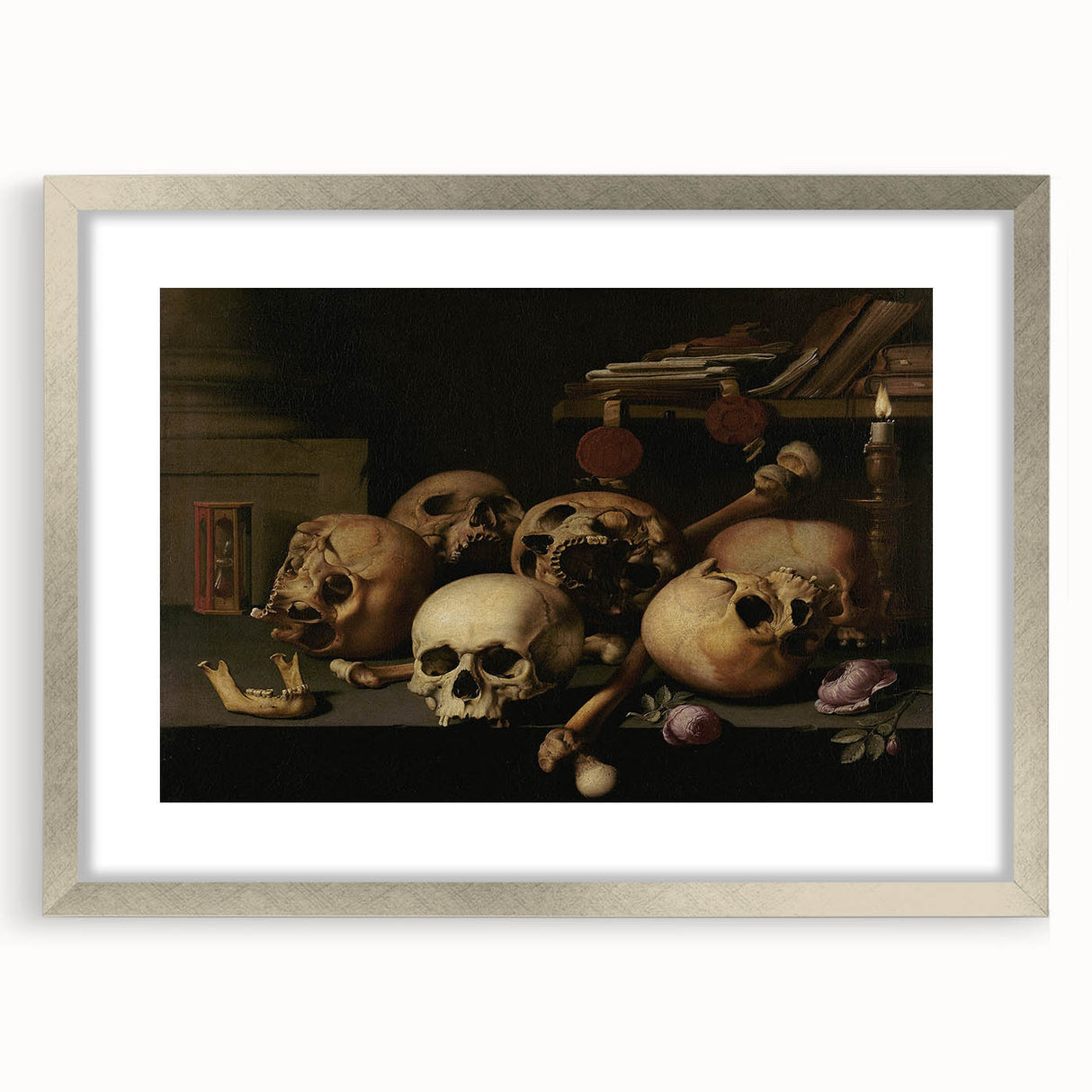 Dark Academia Wall Art – Skull Still Life with Bones and Candlelight