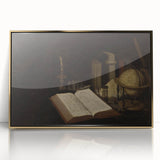 Dark Academia Wall Art – Still Life with Open Book, Globe, and Candle