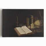 Dark Academia Wall Art – Still Life with Open Book, Globe, and Candle