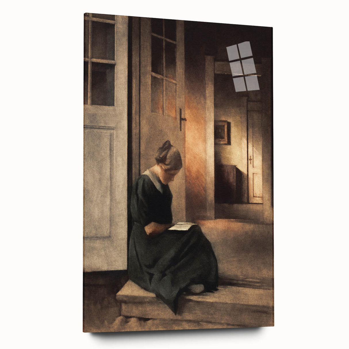 Dark Academia Wall Art: Woman Reading in Shadowy Interior, Vintage Print
