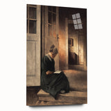 Dark Academia Wall Art: Woman Reading in Shadowy Interior, Vintage Print