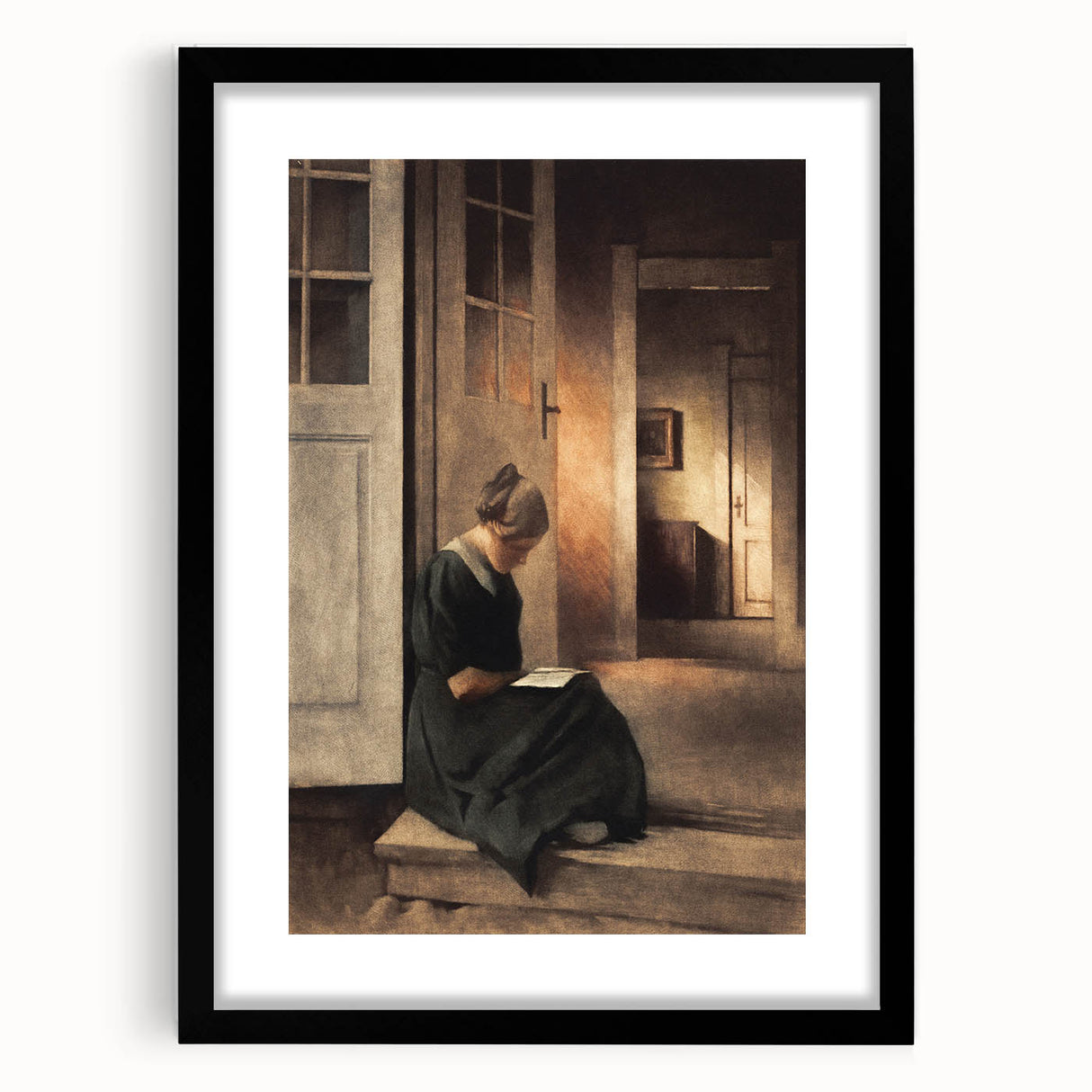 Dark Academia Wall Art: Woman Reading in Shadowy Interior, Vintage Print